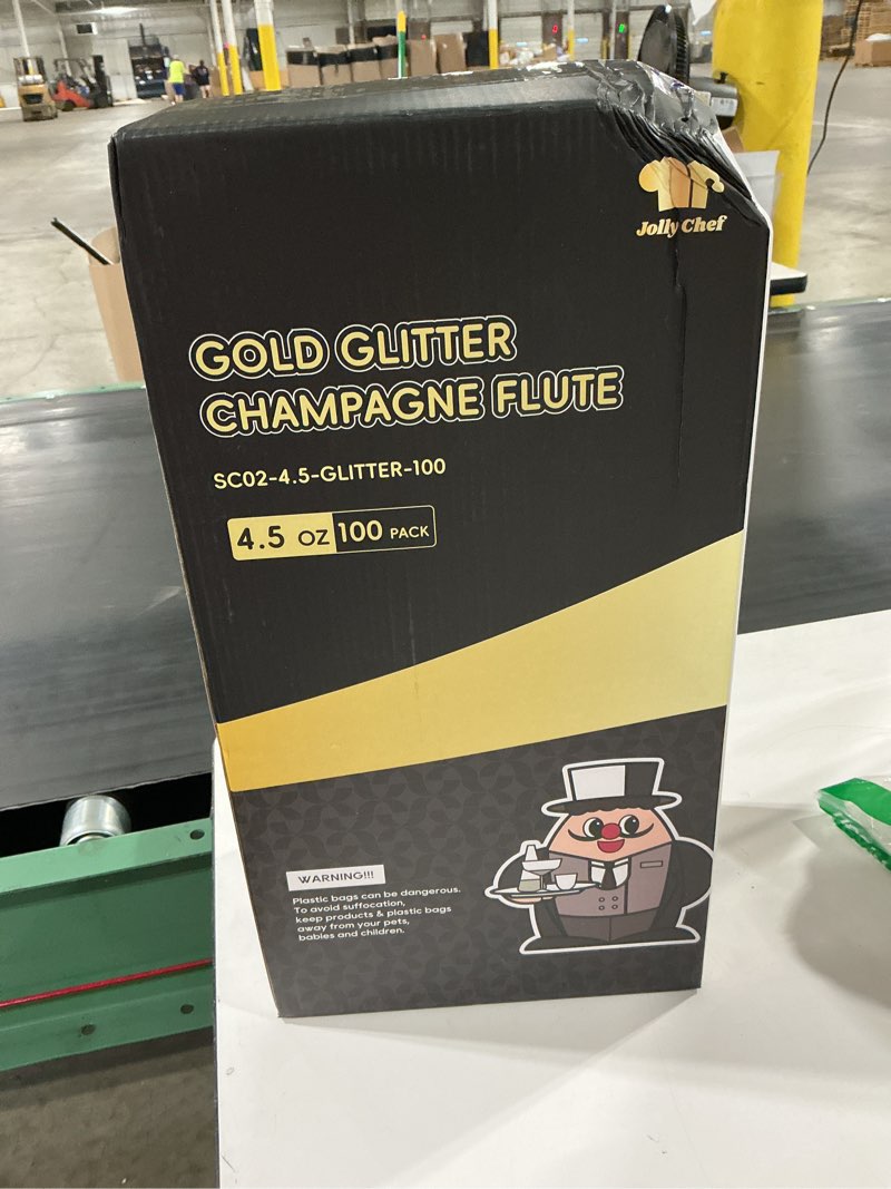 Condition photo showing New/Like New for jolly chef 100 pack plastic champagne flutes disposable 4.5 oz gold glitter plastic champagne glasses for wedding, thanksgiving day, christmas 4.5-glitter-100