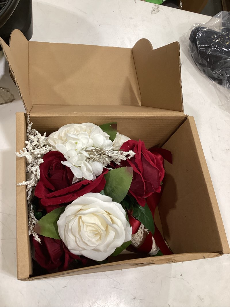 Condition photo showing Good Condition for 8.6in wedding bouquets for bride bridesmaid,white champagne red burgundy rose artificial fake silk flowers bridal bouquets for wedding with ribbon handle boho rustic church decoration toss bouquet burgundy 8.6in(m)