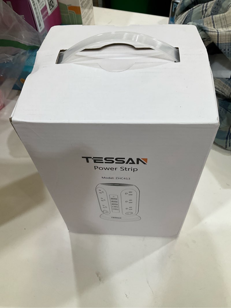 Condition photo showing New/Like New for TESSAN Tower Power Strip with Individual Switches, Surge Protector with 12 Outlets, 5 USB Ports(2 USB C), Flat Extension Cord 10 Ft, 1250W, Charging Station for Multiple Devices, for Office, Dorm 10 FT Grey