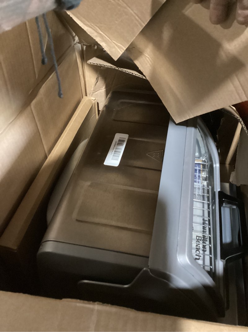 Condition photo showing New/Like New for hamilton beach 6 slice countertop toaster oven with easy reach roll-top door, bake, broil & toast functions, auto shutoff, silver (31127d)