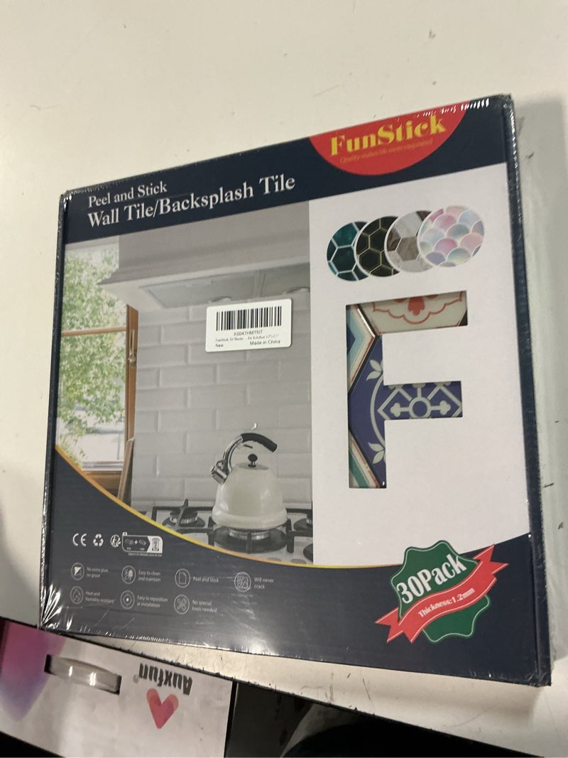 Condition photo showing New/Like New for funstick 30-sheets teal blue boho peel and stick backsplash tile stickers for kitchen waterproof 12"x12" sticky back splashes for kitchen peel and stick tiles for bathroom shower wall tiles fireplace box of 30 tiles green/blue
