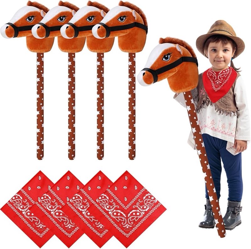 poen 8 pcs light brown horse stick with sound red and blue bandana set 27.6'' toys stick horse weste