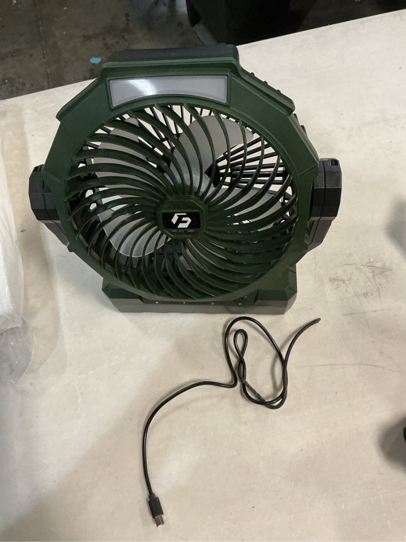 Condition photo showing As Is for frizcol 3-in-1 camping fan - portable fans rechargeable - 24000mah battery powered fan with light & remote for indoor, outdoor, tent, travel, fishing, jobsite, gifts for men dad him - green 24000mah internal green