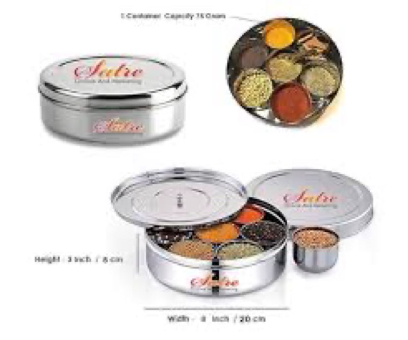 Masala Box with 7 Spice Containers and 2 Spoons, Lid Included