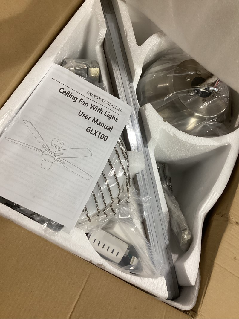 Condition photo showing New/Like New for ohniyou ceiling fans with lights, 52'' low profile ceiling fan with light and remote/app control, modern flush mount ceiling fan for indoor bedroom living room, dimmable, quiet dc motor, silver silver 52 inch