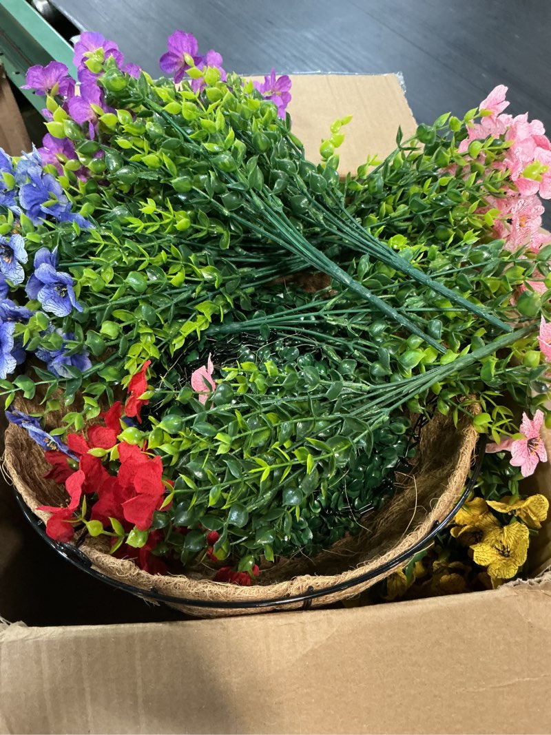 Condition photo showing As Is for tdhdike artificial faux fake hanging flowers plants basket for summer outdoor outside decoration uv resistant fake silk colorful daisy eucalyptus for porch patio balcony yard garden home decor
