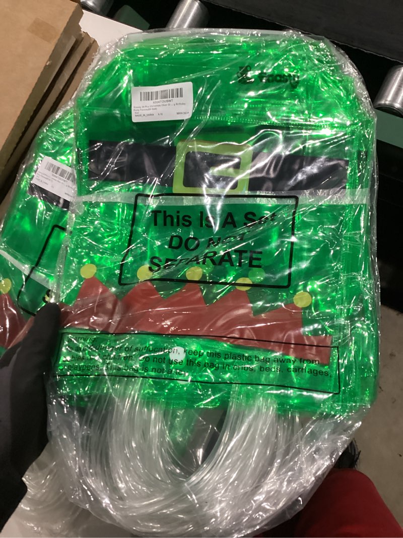 Condition photo showing New/Like New for Eaasty 24 Pcs Christmas Clear Gift Bag with Handle PVC Large Totes Bags for Candy Treat Goodie Reusable Plastic Transparent Gift Wrap for Winter Holiday Party Favors, 9.84"x 9.84"x3.54"(Elf Belt)
