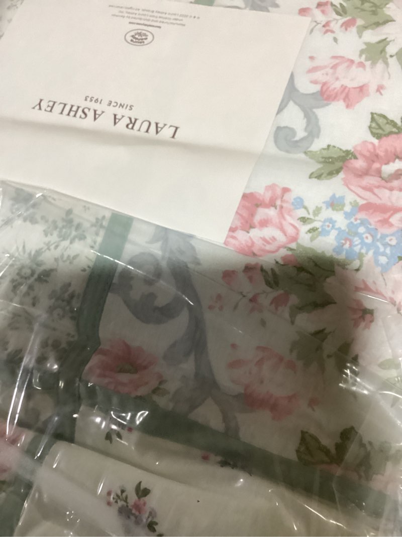 Condition photo showing Good Condition for laura ashley - full comforter set, reversible cotton bedding with matching shams & bedskirt, stylish home decor for all seasons (harper sage, full)