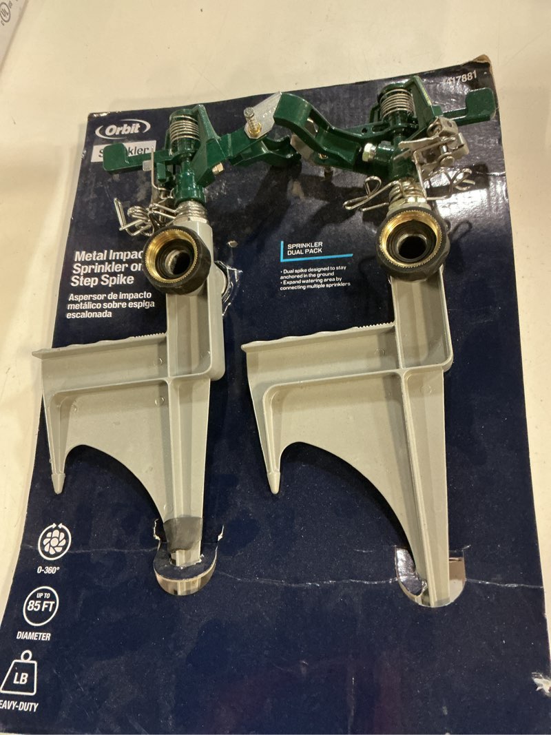 Condition photo showing As Is for orbit 2-pack 6500-sq ft impulse spike lawn sprinkler