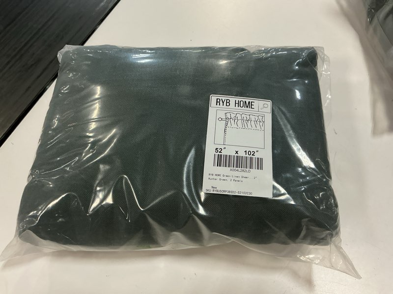 Condition photo showing New/Like New for ryb home extra long sheer curtains - thick flax linen blend ceiling drapes with rod pocket farmhouse country rustic style for living room sliding glass door, w 52" x l 102", 2 panels hunter green 52"w x 102"l (pack of 2)