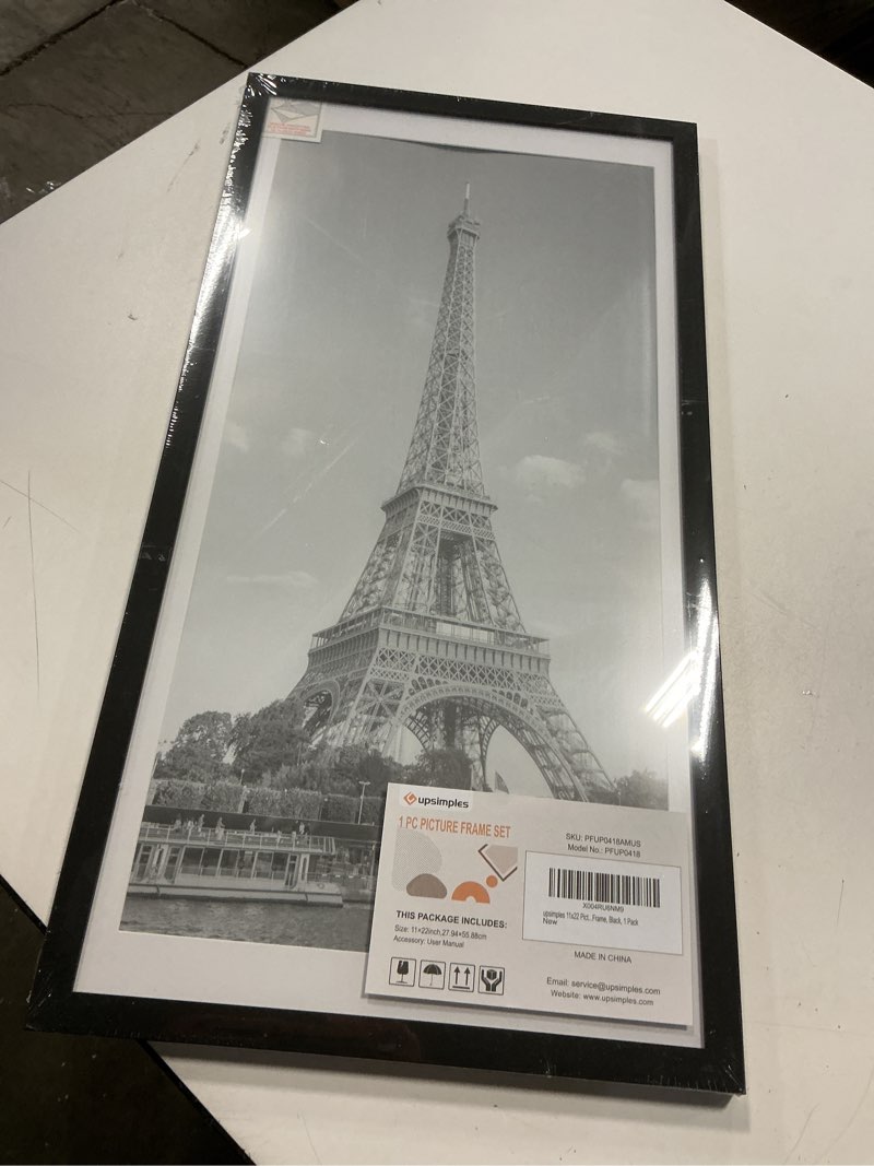 Condition photo showing Good Condition for upsimples 11x22 newspaper frame, display pictures 10x20 with mat or 11x22 without, wall hanging photo frame, black, 1 pack black 11x22