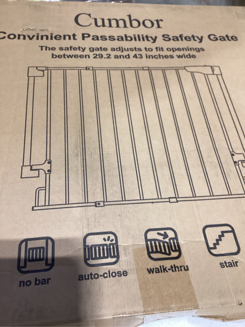 Condition photo showing New/Like New for cumbor 34" extra tall no bottom bar baby gate for stairs, hardware mounted dog gate indoor for larger pets, expandable 29.2-43" safety gate for doorways, wide walk thru door for easy access (black) black 29.2"-43" w x 34" h