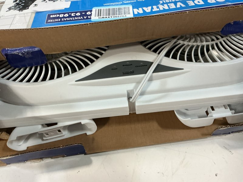 Condition photo showing Good Condition for comfort zone 9-inch smart wifi twin window fan – 3-speed dual blade fan with app & voice control, reversible exhaust, cooling & circulate modes, expandable 23.5" to 37", bug screen white 3-speed w/wifi