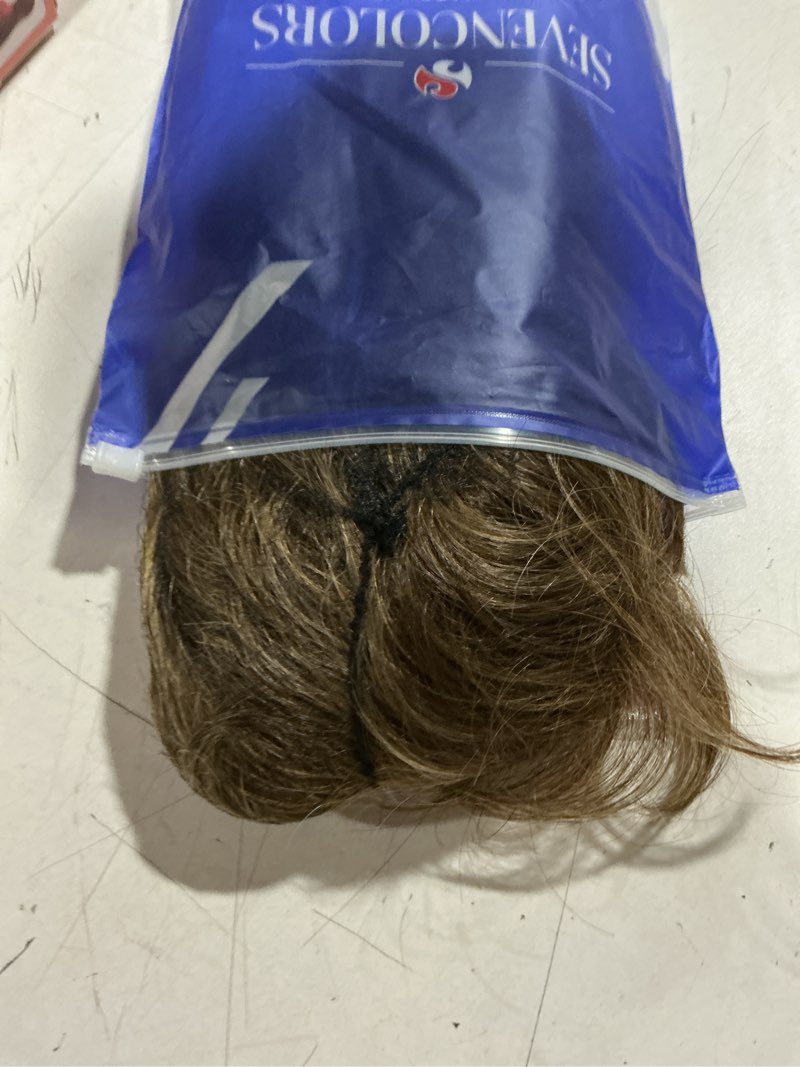 Condition photo showing As Is for sevencolors short dark brown mixed blonde pixie cut wigs for women synthetic layered highlight wigs with bangs natural hair replacement wig