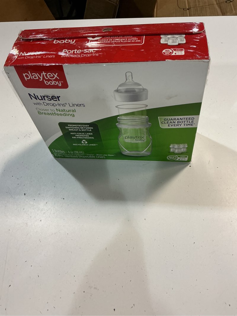 Condition photo showing New/Like New for playtex baby anti-colic nurser bottles with pre-sterilized disposable drop-ins liners, 4 oz bottles (3 count), includes slow flow nipples for newborn and breastfeeding babies, feeding essentials 3 count (pack of 1) nurser bottle set - 4 oz