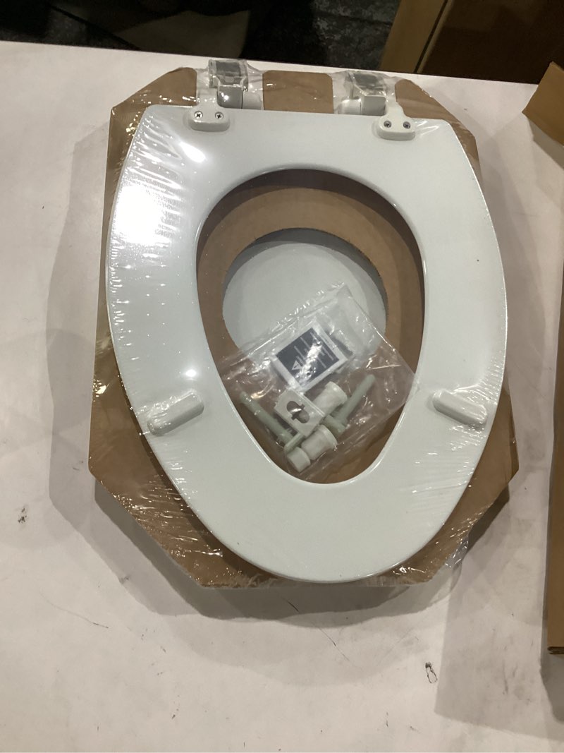 Condition photo showing New/Like New for mayfair cassel slow close toilet seat, easy clean, non slip premium wood seat, easy install, made in usa, elongated, white elongated 1 - toilet seat