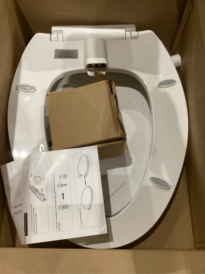 Condition photo showing As Is for Elongated Bidet Toilet Seat – Non-Electric, Slow-Close Lid, Adjustable Water Pressure, Self-Cleaning Dual Nozzles for Frontal & Rear Wash – Hygienic Fresh Water Bidet Seat with Brass Inlet (Elongated)