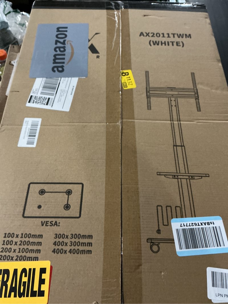 Condition photo showing Good Condition for AX WABER Mobile TV Stand with Power Outlets&Shelf, Floor Portable TV Stand with Wheels for 27-65Inch LCD LED OLED Flat/Curved Panel Screen, Swivel,Height Adjustable&Wood Base, RollingTV Cart White Grain With Power Outlet+Shelf
