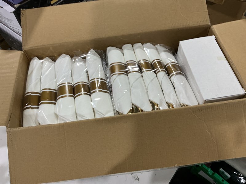 Condition photo showing Good Condition for nervure 350pcs gold plastic plates - gold plastic dinnerware sets for 50 guests - 100 disposable plates, 150 silverware, 50 cups, 50 napkins for wedding & party gold 50