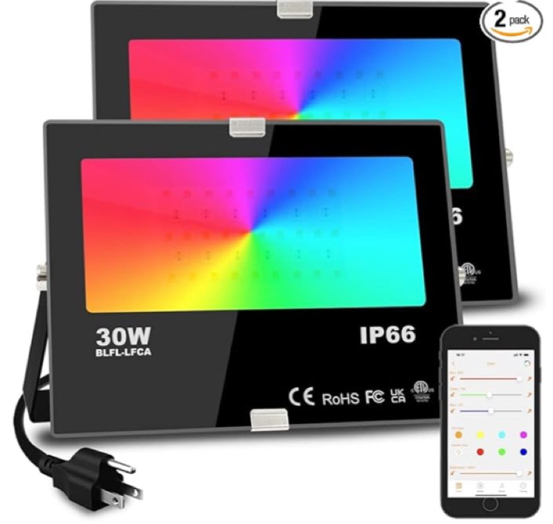 100w equivalent led flood light, outdoor color changing led, rgbw landscape lighting bluetooth smart floodlights 2700k and 16 million colors, music sync and timer, ip66 waterproof 3-socket