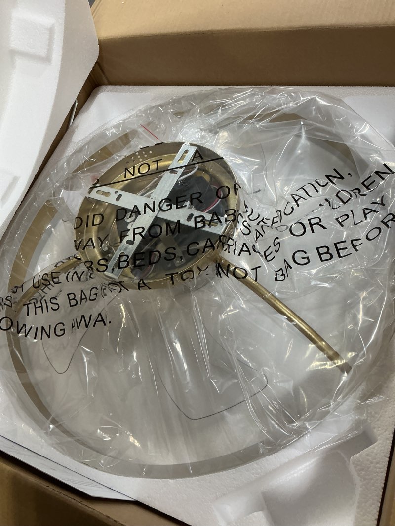 Condition photo showing New/Like New for VOLISUN Low Profile Ceiling Fans with Lights and Remote, 19.7in Flush Mount Ceiling Fans with Light, 3000K-6500K Dimmable Fandelier LED Fan Light, Gold Bladeless Ceiling Fans with Lights for Bedroom Gold 19.7 INCH