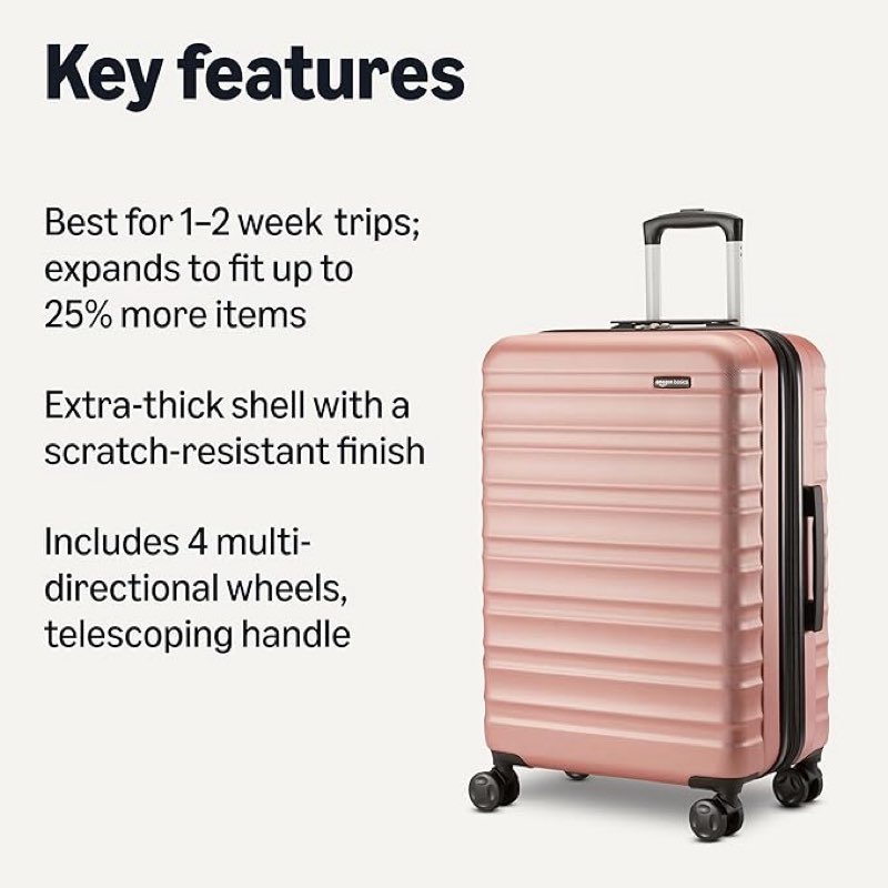 amazon basics 26" hardside medium checked luggage, expandable hardshell suitcase with telescoping handle, scratch-resistant surface, four multi-directional wheels, rose gold