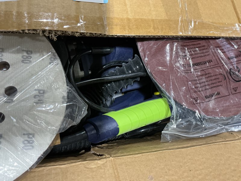 Condition photo showing As Is for Drywall Sander, 2025 Upgraded 8-Amp Popcorn Ceiling Removal Tool with 7 Variable Speed 800-1800RPM, Drywall Sander with Vacuum Dust Collector with Extendable Handle, LED Light,12pcs Sanding Discs,Blue