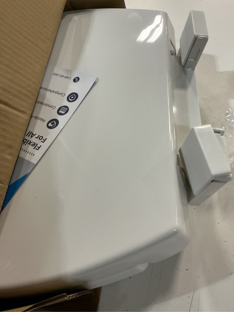 Condition photo showing As Is for kohler 4636-rl-0 cachet readylatch elongated slow close toilet seat, soft close toilet seat quiet lid, contoured grip-tight bumpers installation hardware, apartment essentials, white white elongated ready latch