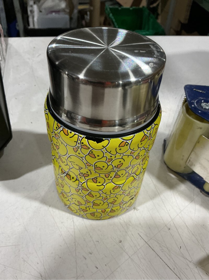Condition photo showing As Is for earth&me 17 oz soup thermo for hot & cold food for kids, vacuum insulated steel lunch container, kids wide mouth bento thermal food jar, warm food lunchbox thermo bowls with spoon (yellow ducks)
