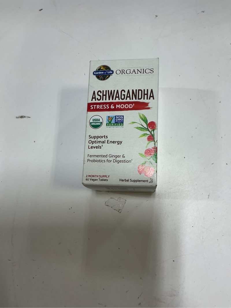Condition photo showing New/Like New for (BBD 03/2026). Garden of Life Organic Ashwagandha Supplement with Probiotics & Ginger - Stress, Mood & Energy Support, Vegan, Gluten Free, Non GMO, 2 Month Supply, 60 Tablets