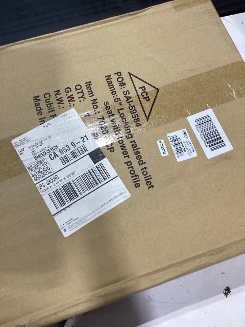 Condition photo showing New/Like New for pcp 5" elevated toilet seat, universal fit, tall profile rise height lift, tightening stability lock, portable bath safety commode support