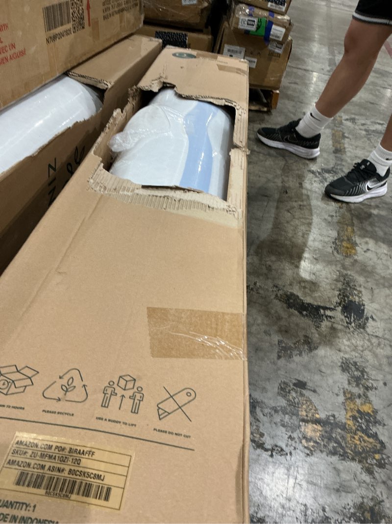 Condition photo showing As Is for zinus 12 inch queen cooling essential memory foam mattress [newversion], fiberglass free, medium feel, breathable cooling layers, certified safe materials white queen 12" cooling (new box)