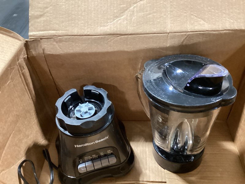 Condition photo showing As Is for Hamilton Beach Blender and Food Processor Combo for Shakes & Smoothies, With 3 Cup Electric Food Chopper Attachment, 40 oz Glass Jar, Blender Travel Cup, 700 Watts Peak Power, Gray & Black (58163)