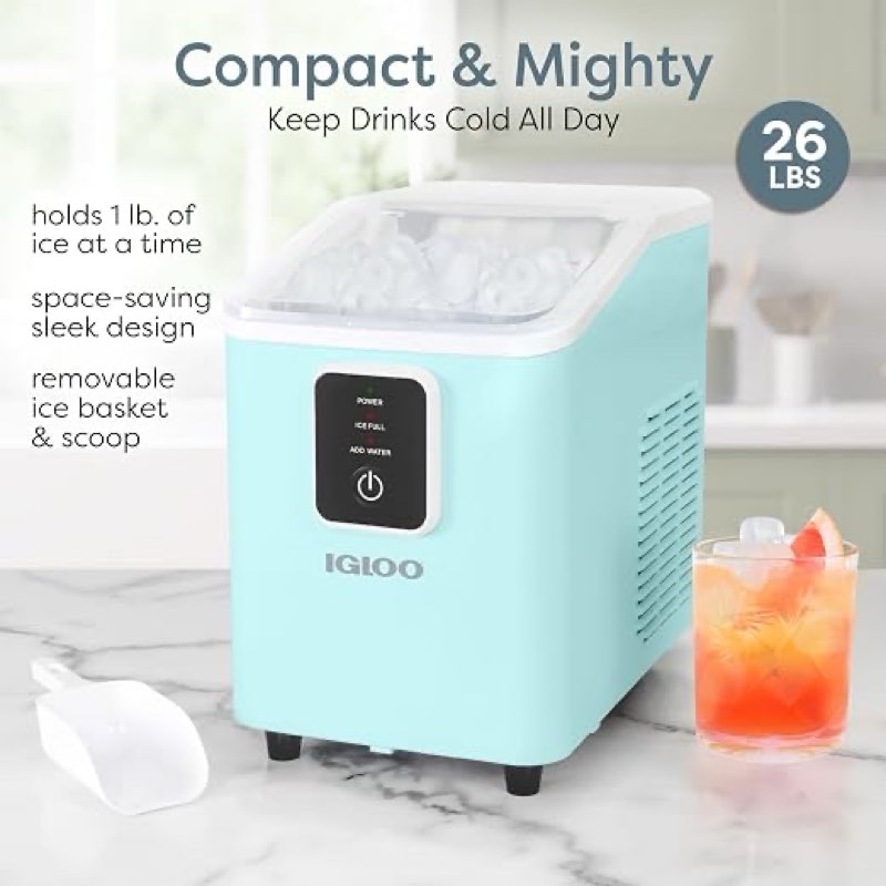 igloo portable ice maker with scoop & basket- ice maker with led control panel & 1 quart water tank- ice cube maker produces 26 lbs of ice in 24 hours with 8 large or small cubes in 7-8 minutes - aqua