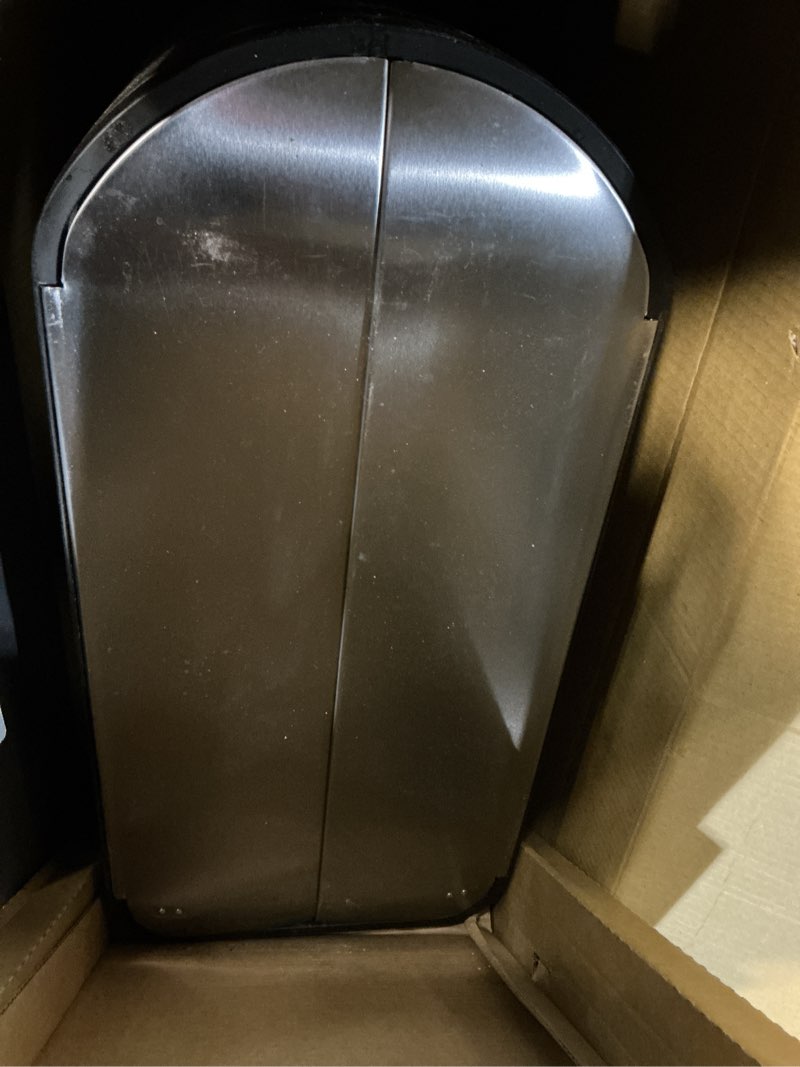 Condition photo showing As Is for simplehuman 45 liter / 11.9 gallon butterfly lid kitchen step trash can, brushed stainless steel 45 liter brushed