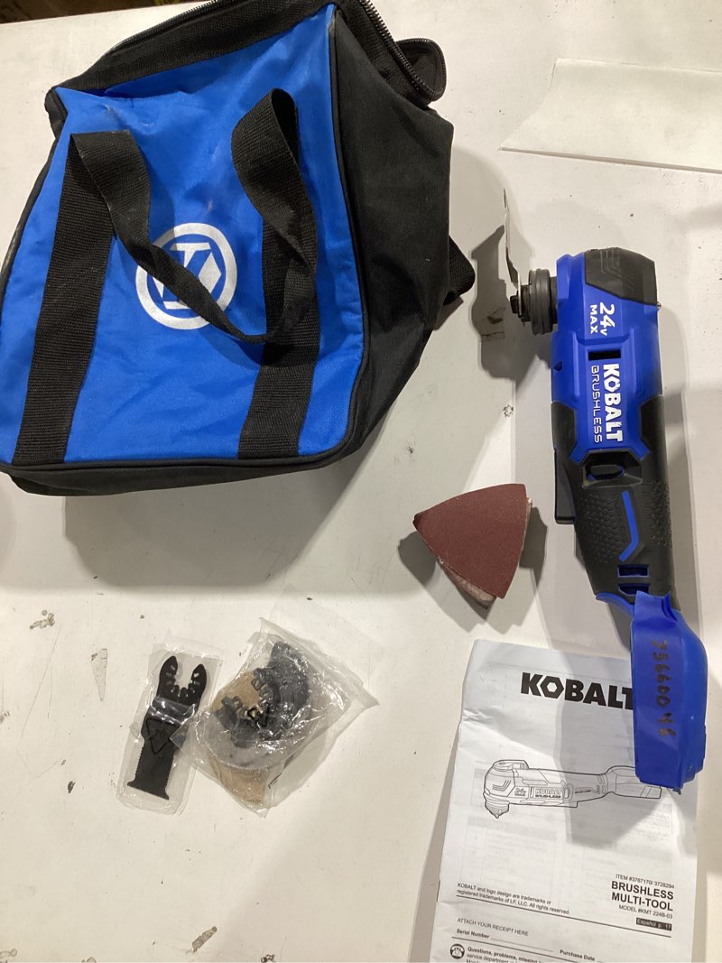 Condition photo showing As Is for kobalt 24-volt cordless brushless variable speed 17 -piece oscillating multi-tool with soft case