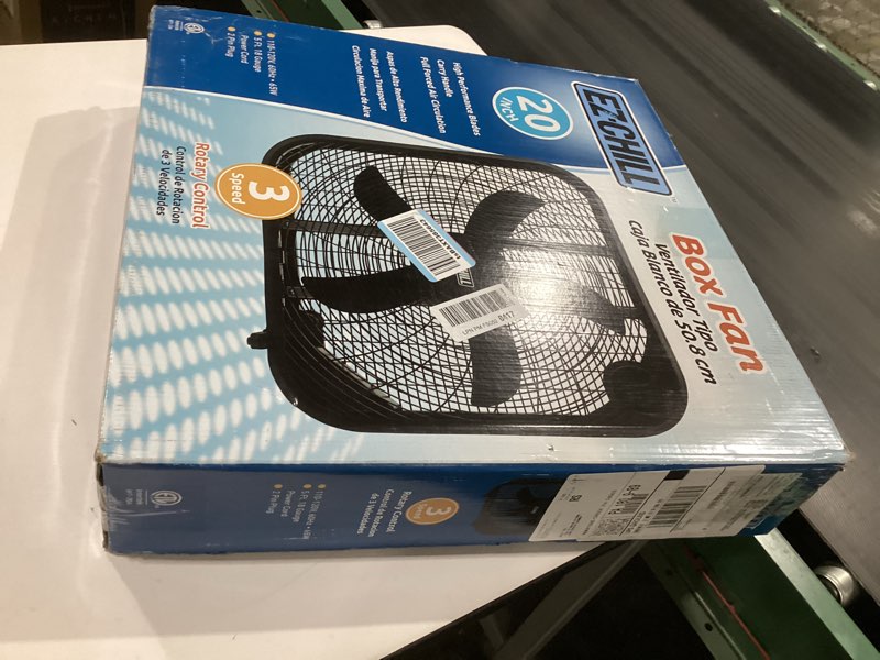 Condition photo showing As Is for ez-chill 20\" 3-speed box fan, ideal for home, bedroom, & office, black, not tested