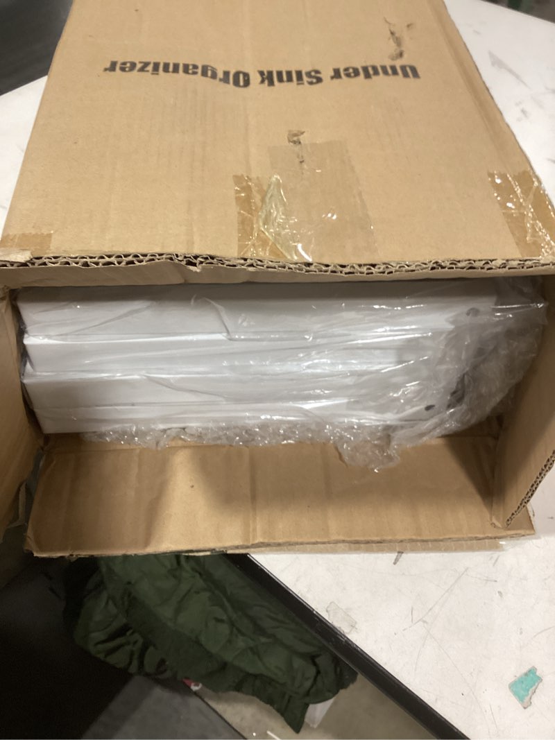 Condition photo showing As Is for similar product Delamu 2-Tier Multi-Purpose Bathroom Under Sink Organizers and Storage, Stackable Kitchen Pantry Organization, Pull Out Medicine Cabinet Organizer with Movable Dividers, White, 2 Pack White 2 Pack