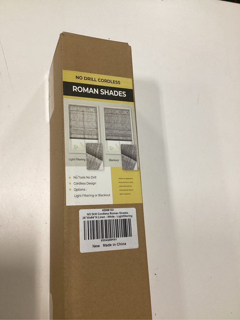 Condition photo showing New/Like New for no Drill Cordless Roman Shades for Windows, 28" W × 64" H - Light Filtering - Linen - White Light Filtering - Linen - White 28" W × 64" H