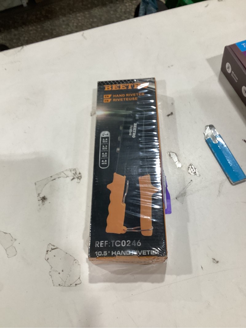 Condition photo showing New/Like New for beetro heavy duty hand riveter, rivet gun, 3/32"-1/8"-5/32"-3/16", 4 nosepieces set includes 100pcs rivets, durable and suitable for metal, plastic and leather 10.5'' rivet gun