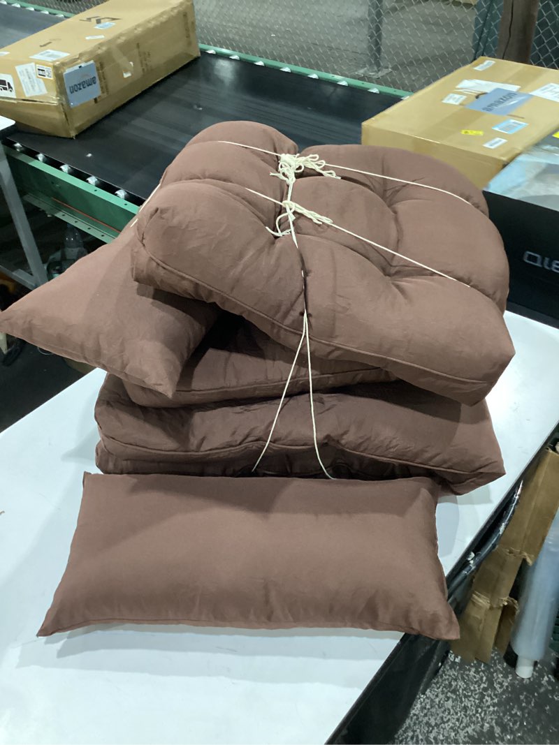 Condition photo showing Good Condition for wicker chair cushions of 5 pieces, waterproof outdoor loveseat cushion for wicker furniture, 1 love seat cushion, 2 u-shape and 2 lumbar pillows for patio furniture (brown) brown patio furniture cushions