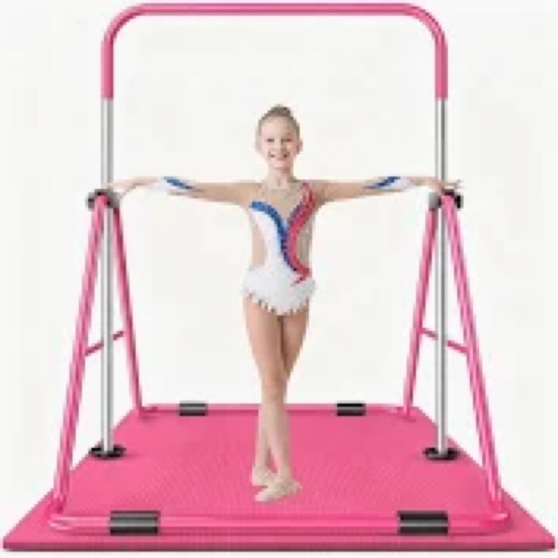 Safly Fun Gymnastics Bar with Grips for Kids 3-9, Foldable & Adjustable 35"-51", Supports 140Lbs wit