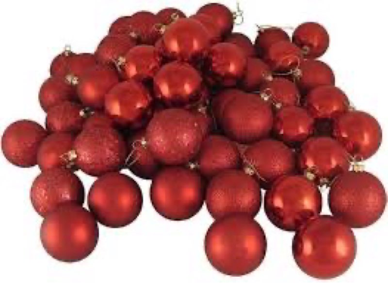 Red plastic shatter proof christmas ornaments (similar to stock photo)