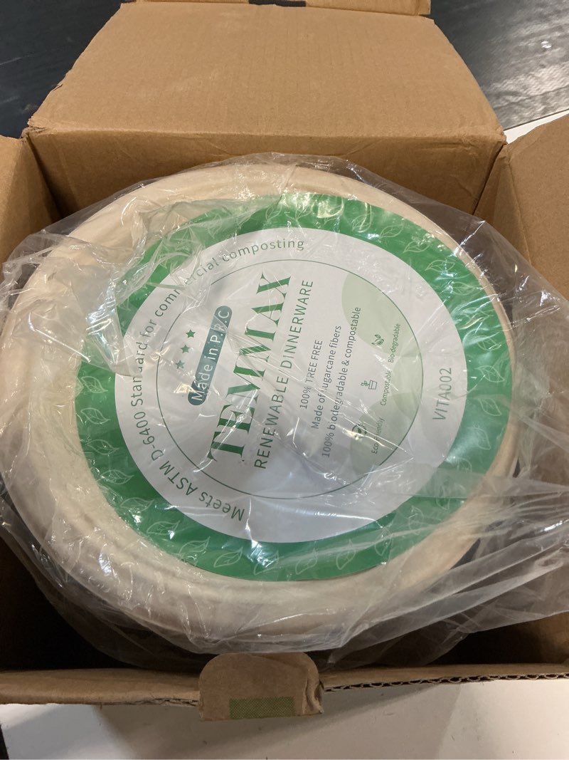 Condition photo showing New/Like New for zyerch temmax 100% compostable paper plates 9 inch 150 pcs disposable heavy-duty plates eco-friendly natural sugarcane bagasse fiber biodegradable for bbq,party,picnic etc