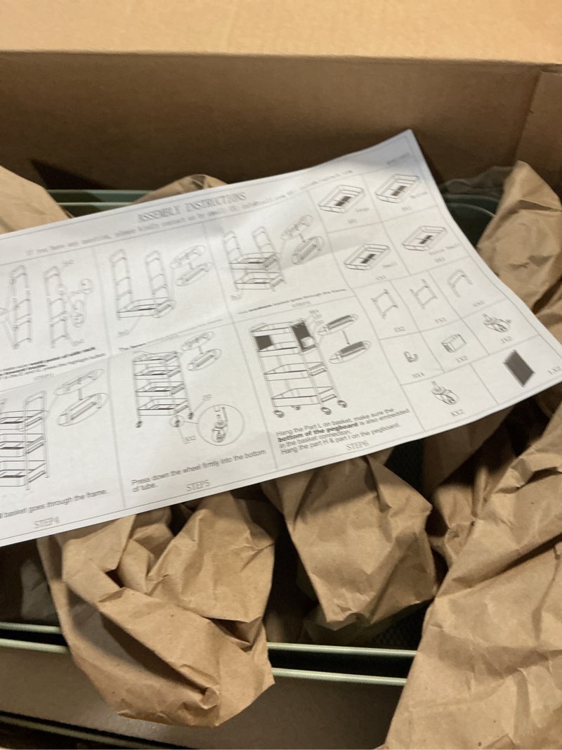 Condition photo showing As Is for toolf 4 tier rolling cart with pegboard, metal storage organizer cart with wheels, hooks & bins esthetician craft art sturdy storage for bathroom, kitchen, office, nursery diaper green 4-tier