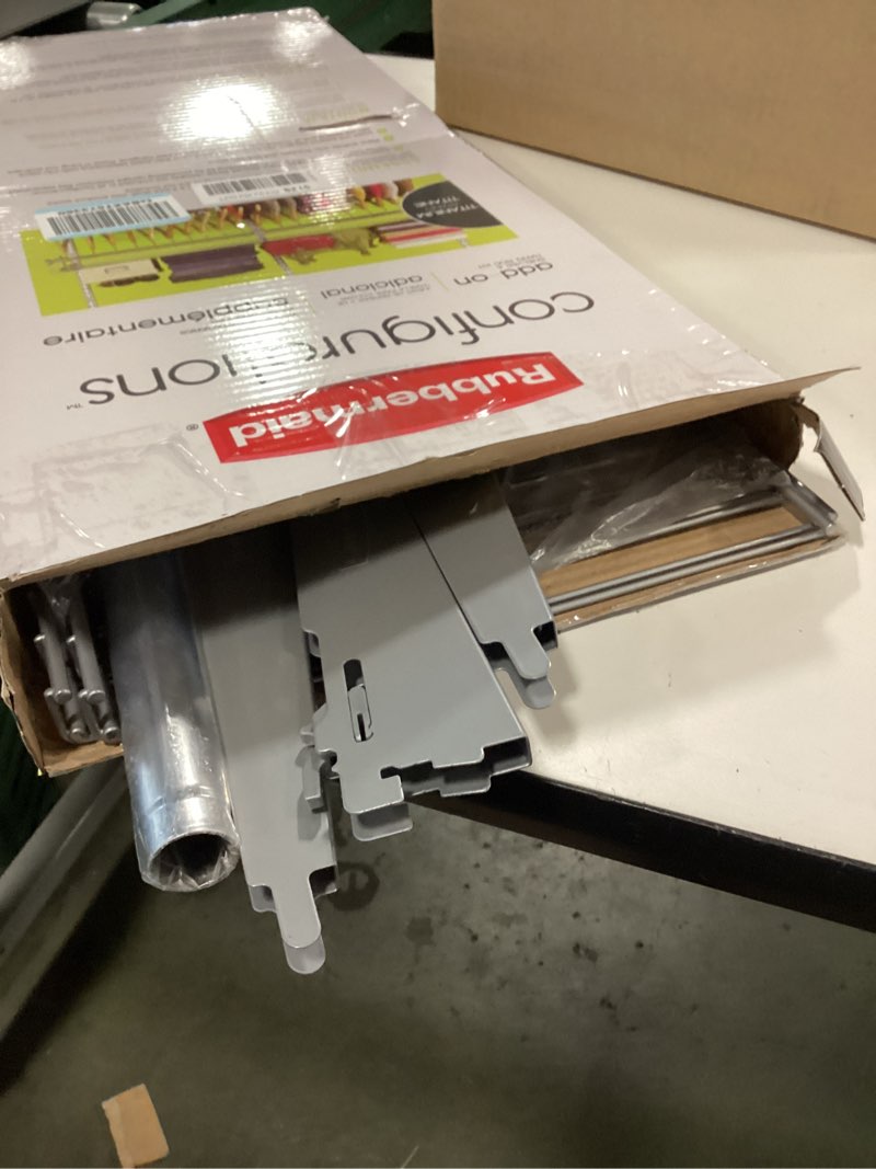 Condition photo showing As Is for Rubbermaid Configurations Closet Shelves & Hanging Kit (2) 26" Shelves Titanium Custom Pantry Organizer and Storage/Clothes Rack for Home/Laundry/Bathroom/Mudroom/Pantry/Linen Closet