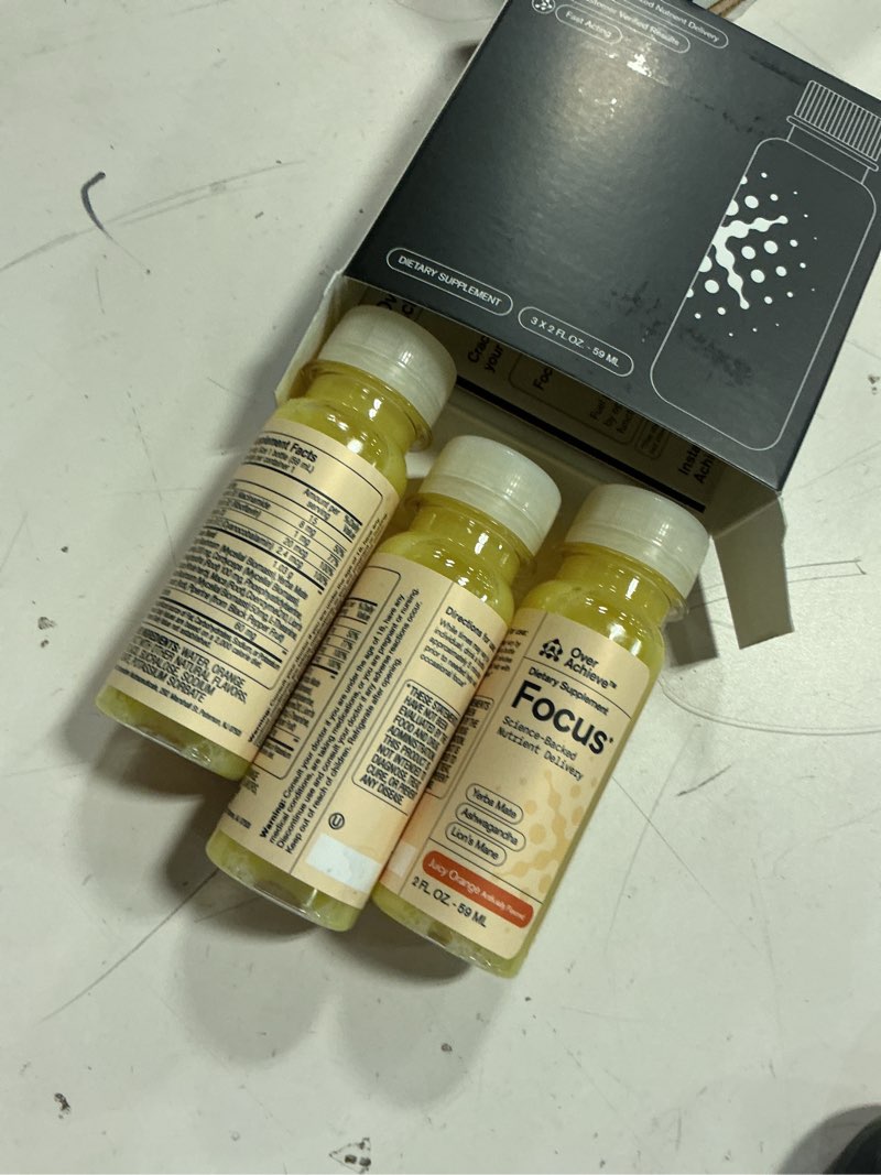 Condition photo showing Good Condition for Focus Drink for Concentration- Contains Yerba Mate, Ashwagandha and Lions Mane Mushroom with Advanced Nanoscience Technology - 3 Pack Brain Focus Drink, Orange Flavor, 2oz