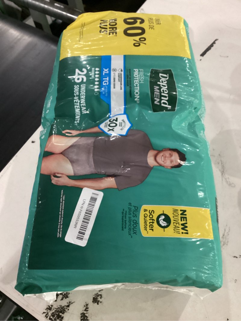 Condition photo showing New/Like New for depend fresh protection adult diapers, incontinence underwear for men, disposable, maximum, extra-large, grey, 26 count, packaging may vary x-large 26