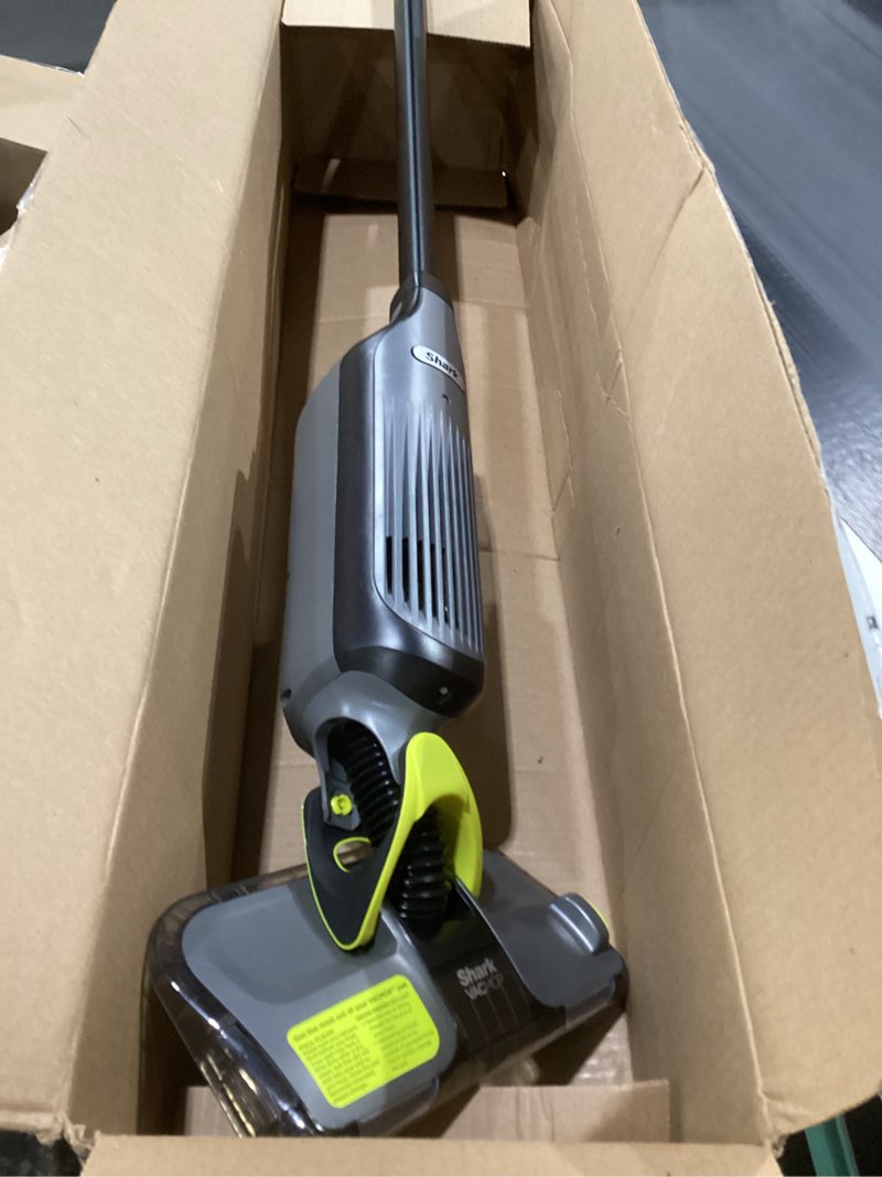 Condition photo showing As Is for Shark VACMOP Cordless Hard Floor Cleaner, Vacuum and Spray Mop, Powerful Suction, Lightweight, LED Headlights, Includes 4 Disposable Pads, 12oz Multi-Surface Cleaning Solution, Gray, VM252, NOT TESTED, AS IS