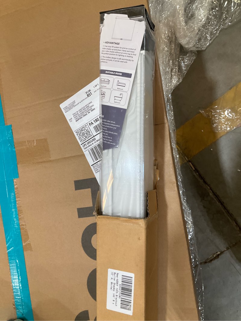 Condition photo showing item condition for AOSKY Blackout Roller Shades Cordless Blinds for Windows, Free-Stop Shades with Valance, Thermal Insulated Fabric, UV Protection, Natural Woven Blinds for Home and Office (46" W x 72" H, White) White 46"W x 72"H